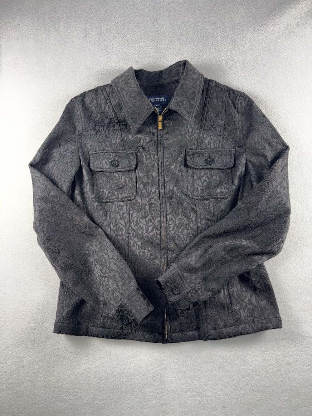 Jones New York Signature Jacket Size M Black Floral Embossed Full Zip